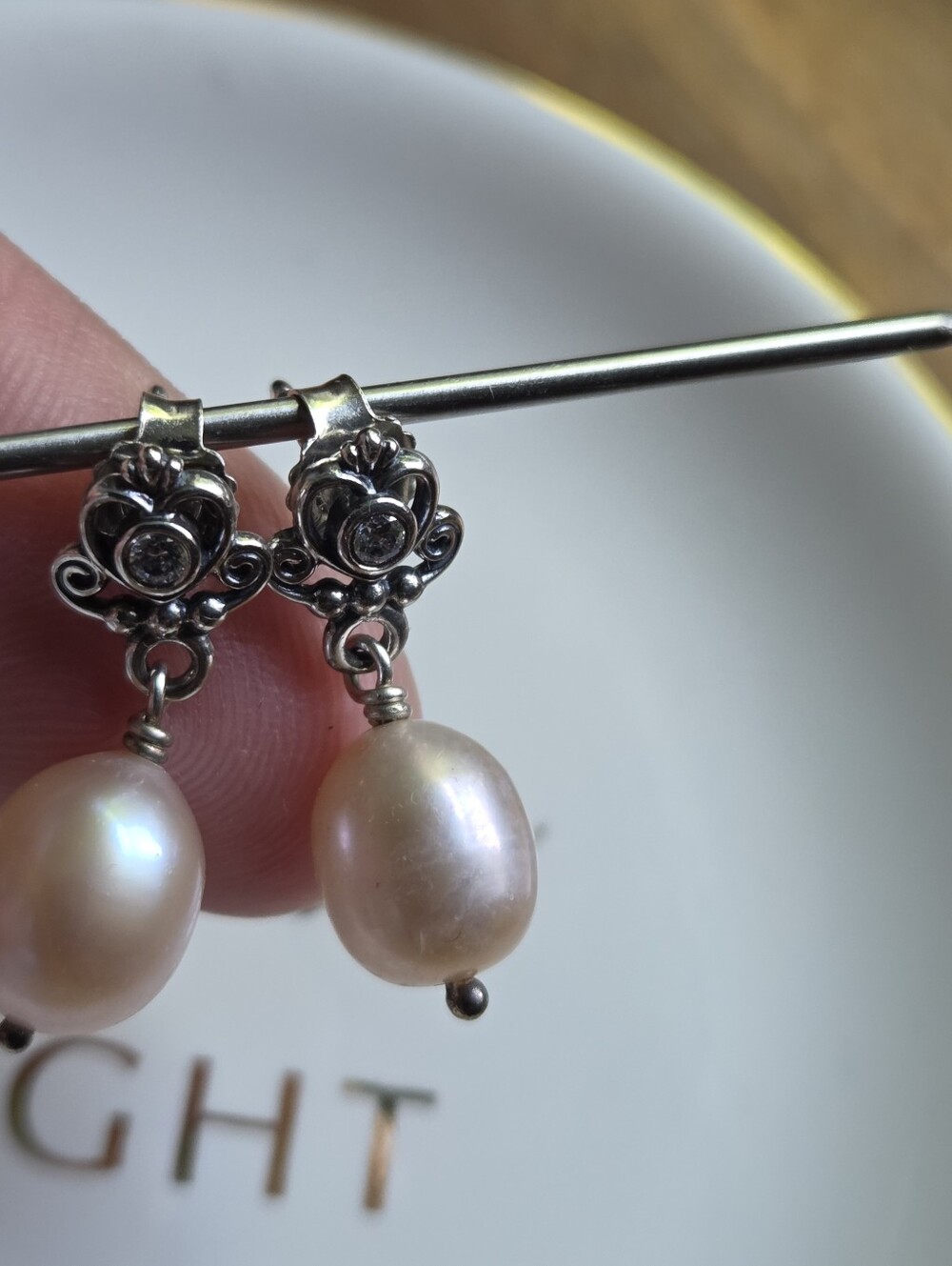 Pandora Sterling Silver Crown Pink Pearl Drop Earrings